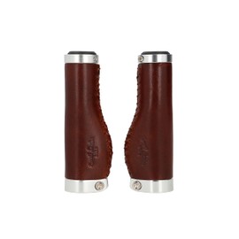Gusti Phil A. Leather Handlebar Grip, Bicycle Handle, Brown Leather, Metal Ring, Shiny Silver