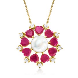 Ross-Simons 10.5-11mm Cultured Pearl and 6.50 ct. t.w. Ruby Necklace With .90 ct. t.w. White Topaz in 18kt Gold Over Sterling. 18 inches