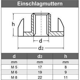 M6 (10 pieces) drive-in nuts with thread for wood, stainless steel VA A2 V2A, impact nuts, rustproof AGBERG