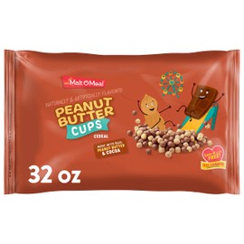 Malt-O-Meal Peanut Butter Cups Breakfast Cereal, Cocoa and Peanut Butter Cereal Puffs, Made with Real Cocoa and Peanut Butter, Large Cereal for Family, 39 OZ Resealable Cereal Bag