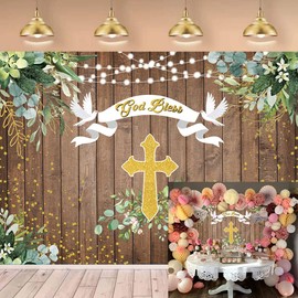 Rustic Wood God Bless Backdrop First Holy Communion Baptism Baby Shower Holy Dove Photography Background Eucalyptus Leaves Golden Cross Party Decor Supplies 7x5FT