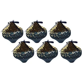6 x Sequin Navy Blue Gold Christmas Tree Baubles Decorations - Lantern