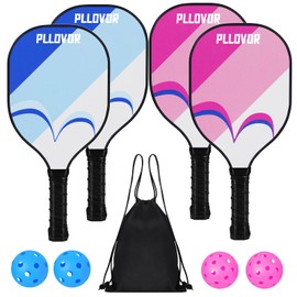 Pickle Ball Paddles Set of 4, Wood Pickleball Paddles, Cute Pikleball Paddles for Kids, Beginners, Family, USAPA-Compliant, Includes 2 Pink 2 Blue Paddles, 4 Pickleballs, Drawstring Bag, Great Gift