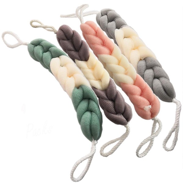 AARainbow 4 Packs Long Stretch Back Sponge with Rope Handles Back Scrubber Bath Shower Mesh Sponge Exfoliating Body Scrub Stretch Braided Loofah for Men and Women (B-1 Grey+1 Green+1 Pink+1 Coffee)