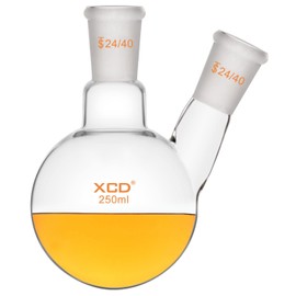 XCD Round Bottom Flask with 2 Necks, Borosilicate Glass Round Bottom Flask RBF Heavy Wall 2 Neck Lab Flask with 24/40 Center and Side Standard Taper Outer Joint, 250 ml