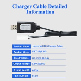 Fielect 2 Pcs 9.6V USB Charger Cable KET-2P 250MA Output Ni-Cd Ni-Mh Battery Pack for RC Excavator RC Cars