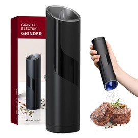 Nedyfix Gravity Electric Pepper Grinder, Battery Powered Grinder, with LED Light for One Hand Operation of Automatic Pepper and Salt Grinder Adjustable Poughness-8in Black
