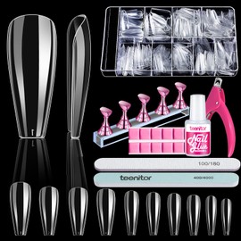Teenitor Teenitor 600 Pcs Clear Coffin Nail Tips, Acrylic Nail Kit, Clear Press On Nails, Long Fake Nails Coffin Nail Tips Full Cover, Acrylic Nail Clipper Nail Stand for False Nails