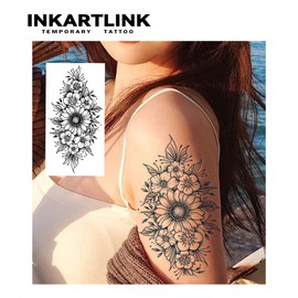 INKARTLINK Tattoo Tech, 2 Sheets Extra-Large Semi Permanent Tattoo, Adult Art Design Temporary Tattoos, Lasts 1-2 Weeks, Waterproof, Realistic Look, No Adhesive, No Reflection (Flower Design)