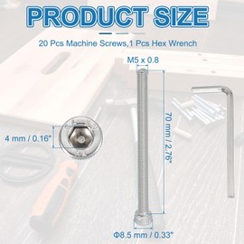 PATIKIL 20 Pcs Hex Socket Head Cap Screws Bolts, M5 x 70mm Metric Bolt Assortment Socket Drive Machine Screws 304 Stainless Steel 18-8 with Hex Wrench, Full Threads