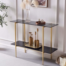 LumFurn Glass Console Table for Living Room, Foyer & Entrance, 2-Tiers Mid-Century Modern Sofa Table with Grey Glass Top, Black Marble Finish Wood Shelf and Gold Finish Frame