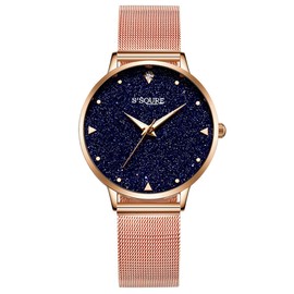 Alienwork Women's Watch Rose Gold Metal Mesh Strap Blue Real Marble dial