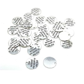 JIALEEY 30pcs Alloy "She believed she could so she did" DIY Message Charms Pendant for Crafting Bracelet Necklace Jewelry Making Accessory, Antique Silver Round