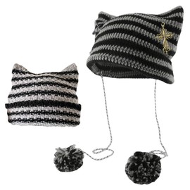HDGSAFD Pack of 2 Cat Ear Knitted Hats, Cute Sweater Hats, Outdoor Hats, Fashionable Striped Hats, Winter Warm Hats, Gothic Accessories, Black Grey, S - M