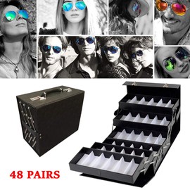 Fetcoi Sunglasses Organizer, Sunglasses Slots Display Cases, Portable Lockable Glasses Collector Storage Box Suitcase Eyeglasses Display Case with 8 Drawers, 48 Slots