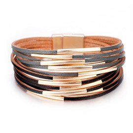 Fesciory Leather Wrap Bracelets for Women, Boho Leopard Multi-Layer Crystal Beads Cuff Bracelet Jewelry (Black and Gray)