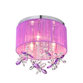 Purple Crystal Ceiling Light Fixture, 3-Light E12 Semi Flush Mount, Handmade Cotton String Shade, Elegant Modern Chandelier for Girls Room, Nursery, Dressing Room, or Closet (Bulbs Not Included)