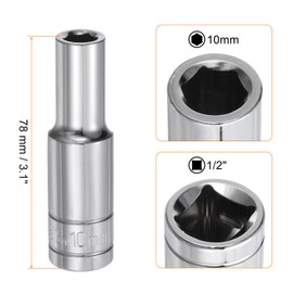 sourcing map 6-Point Socket 1/2" Drive 10mm Metric 3.1" Length 45# Steel Deep Sockets Full Polishing Chrome Sockets for Car Repair Mechanical Maintenance Home Use