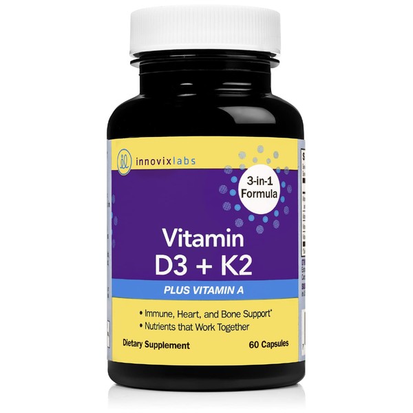 InnovixLabs Vitamin D3 K2 Supplement - 5000 IU D3 with Vitamin K2 MK7 & MK4 - ADK Vitamin Combo for Absorption - K2 D3 Vitamin Supplement - Supports Immune System, Heart & Bones - 60 Capsules
