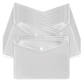 G4GADGET A4 Clear Plastic Wallets – Pack of Popper Document Folders with Label Pocket & Snap Button – Transparent Plastic Envelope for Home, Office, School & Travel (20)