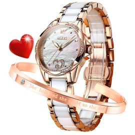 OLEVS Womens Watches Automatic Self Winding Ladies Rose Gold Diamond Watch Luxury Dress White Ceramic Wrist Watch for Women Love Heart Date