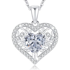 LAVUMO Tree of Life Heart Necklace Women's 925 Sterling Silver Birthstone Pendant Necklaces Birthday Gift for Women Girlfriend Mum Valentine's Day Mother's Day Christmas, Cubic Zirconia, Cubic