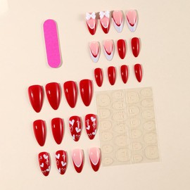 24Pcs Valentines Nails Press on Nails Medium French Tip Fake Nails with Glue Red Glossy Acrylic Nails Design Red White French Tip Heart Valentines False Nails Stick on Nails for Women DIY Manicure