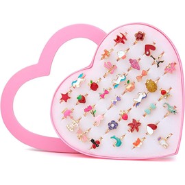 Gaethra Pack of 36 Children's Rings Girls Rings Adjustable Rings Sparkle with Heart Shape Display Case for Children Birthday Party Favours, ABS, No Gemstone