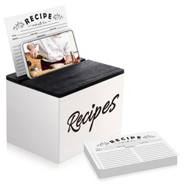 Hoteam Wooden Recipe Box with Cards Rustic Wood Recipe Card Holder with 50 Pcs 5 x 7 Cards Set Farmhouse Organization Box with Dual Slots for Phone Kitchen Decoration(White)
