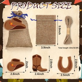 JarThenaAMCS 50 Pcs Burlap Drawstring Cowboy candy Bags with Boot Hat Horseshoe Tags Western Cowgirl Linen Sacks Candy Treat Gift Pouches for Party Supplies, 3.9 x 5.9 In