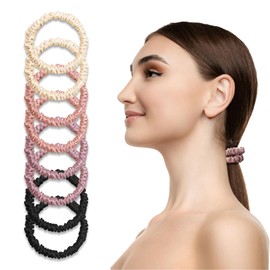 Bsofter 100% Pure Mulberry Silk Hair Scrunchies – 8Pcs Smooth Skinny Hair Ties for Women, Soft Silk Hair Bands Elastics for Sleeping, Frizz-Free