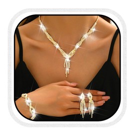 Zoestar Bridal Wedding Jewelry Set Rhinestone Necklace Earrings Baracelet Sets Sparkly Crystal Formal Costume Jewelry Set for Women (Gold)