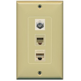 RiteAV - 1 Port Coax Cable TV- F-Type Phone RJ11 RJ12 and 1 Port Cat5e Ethernet Decorative Wall Plate - Ivory - Bracket Included
