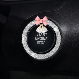 White Car Start Button Cover Sticker, Bow Crystal Bell Start Decals, Key Ignition Knob Bling Ring, Automotive Interior Accessories Decoration for Women Girl
