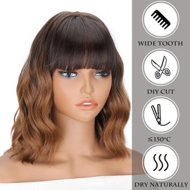 LINGHANG Synthetic Wavy Curly Bob Wig with Bangs,Ombre Brown with Light Brown Wigs for Women, Short Chestnut Brown for Daily Party,Cosplay
