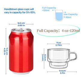 glastal 4 oz Stackable Glass Cups Espresso Cups Double Walled Espresso Glasses Set of 4, 120ml Coffee Tea Glasses Expresso Shots Cup Set for Tea, Milk, Gifts for Women Man - German Quality