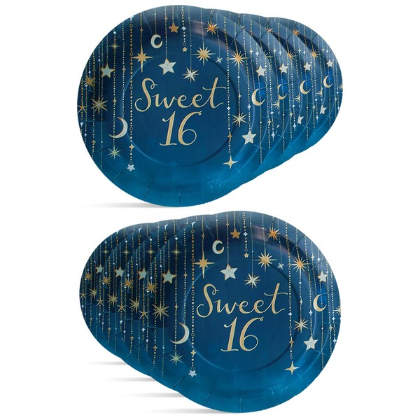 Starry Night Sweet 16, 9" Round Party Paper Plates | 8 Pack, White and Gold Foil Prints, Midnight Blue | Starry Night Birthday Collection