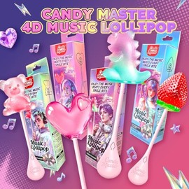 Candy Master Music Lollipop Candy, Singing Audio Lollipop with K-Pop Style, Sugar-Free Fruity Flavors (Strawberry & White Peach), Fun Holiday Gift for Kids & Adults, Cute Shapes, 4 Pack