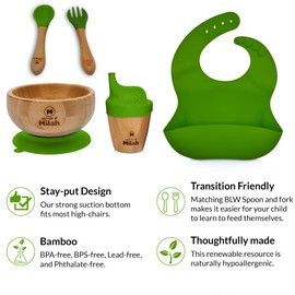 Milah Bamboo Baby I Toddlers Feeding Set l Suction Bowl, Spoon, Fork, Sippy Cup & Matching Bib I Eco Friendly Non Slip Set for Children's First Feeding I Natural Bamboo BPA Free Kids Set (Green)