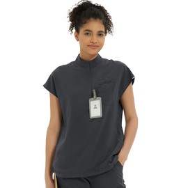 Kitmaz Medical Scrub Tops for Women - Soft Stretch Mandarin Collar Oversized Fit Scrub Shirts with 3 Pockets Dark Grey