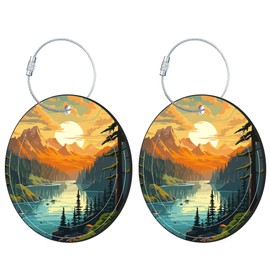 iapodiad Round Luggage Tag for Suitcases,Vintage Mountain and Lake 2 Pack Leather Travel Luggage Tags with ID Label Privacy Flap and Steel Loop for Women and Men Suitcases Travel Bags Luggage Bags