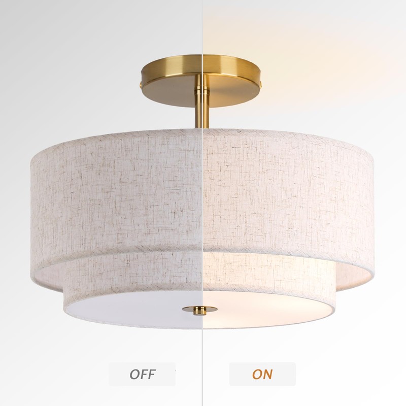 CALOKES 16" Double Drum Gold 3-Light Semi Flush Mount Ceiling