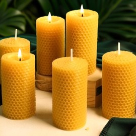 6 Packs Natural Beeswax Candles, Hand Rolled Honeycomb Beeswax Pillar Candles, Pure Bee Wax Gifts for Candle Lovers,Home Decor, Air Purify (2x4 in)