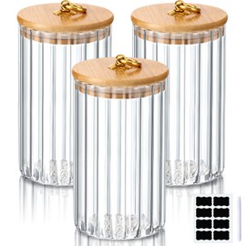 Gerrii 3 Pcs 29 oz Glass Storage Jars Decorative Coffee Bar Container Kitchen Glass Canister with Airtight Bamboo Lid Metal Ring, Black Labels and Whiteboard Marker for Storage Sugar Candy