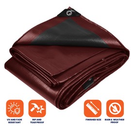 Tarpco Safety Extra Heavy Duty 14 Mil Tarp Cover, Waterproof, UV Resistant, Rip and Tear Proof, Poly Tarpaulin with Reinforced Edges for Roof, Camping, Patio, Pool, Boat (Maroon/Black 8′ X 10′)