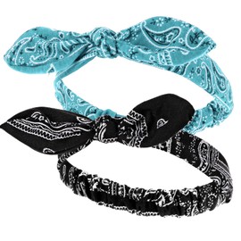 Pack of 2 Stretchy Women's Headband Headbands Hair Bow Hair Bands Headscarf Women's Headscarf Boho Headband Print Hair Accessories 90s Outfit Women's Accessories (Black + Sky Blue)