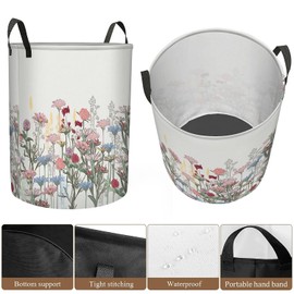 Collapsible Laundry Hamper Basket With Handles, Large Foldable Storage Bin For Men Women, Teens, Adults Waterproof Canvas Fabric Organizer For Clothes, Toys, Nursery,Flowers,L