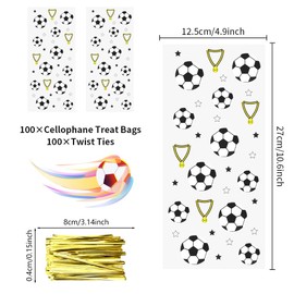 100 Pieces Soccer Goodie Bags, Soccer Bags for Snacks Football Star Gold Medal Print Football Cellophane Candy Treat Bags Party Favor Gift Bag Gold Twist Ties for Soccer Themed Team Birthday Supplies