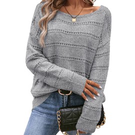SHEWIN Oversized Sweaters for Women Fall Crew Neck Crochet Sweater Lightweight Long Sleeve Tops Dressy Casual Fall Shirts for Women 2025 Trendy, Gray, 2XL