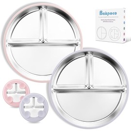 Bakpoco Stainless Steel Baby Plate with Suction, 8” Divided Toddler Plates with Removable Silicone Sleeves for Kids, Non-Toxic Non-Slip Unbreakable Dishwasher Safe Dinnerware Set of 2, Pink & Lilac